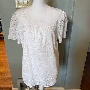 Talbots Women’s Large White Cotton Eyelet Square-neck Blouse- Short Sleeve